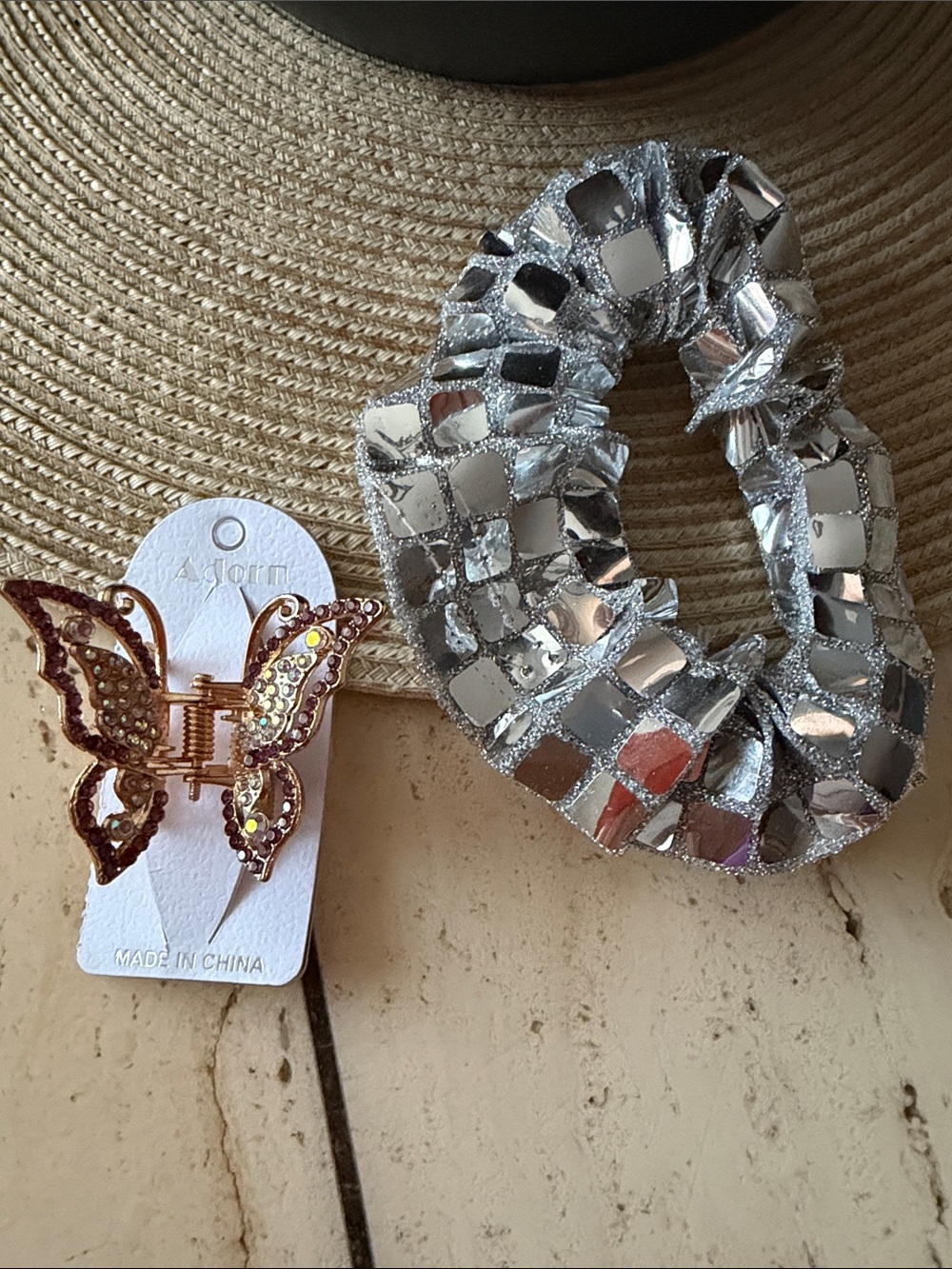 Adorn Gold Butterfly Clip with stones & Silver Mirrored Disco Scrunchie